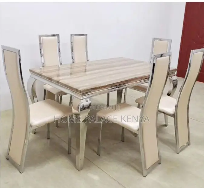 Dining Set: Marble Top Dining Table With Black Pu Leather Chairs