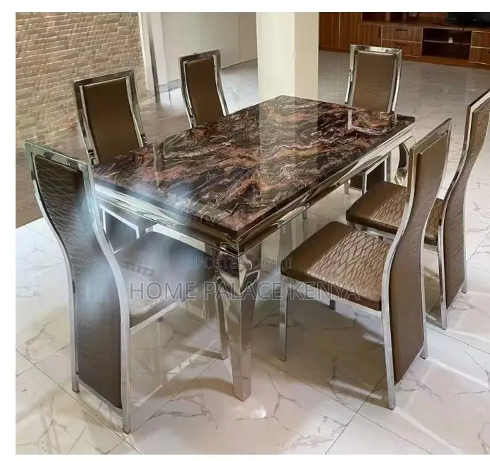 Dining Set: Marble Top Dining Table With Black Pu Leather Chairs