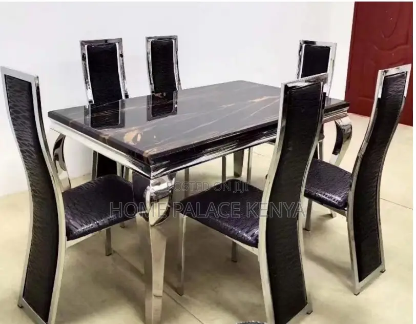 Dining Set: Marble Top Dining Table With Black Pu Leather Chairs