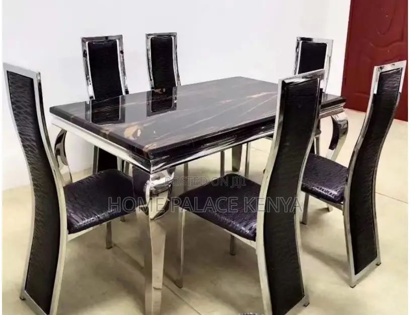 Dining Set: Marble Top Dining Table With Black Pu Leather Chairs