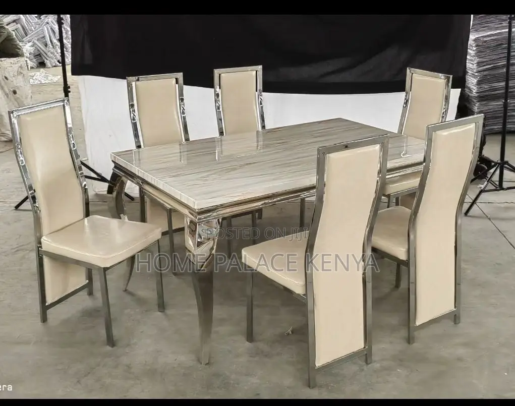 Dining Set: Marble Top Dining Table With Black Pu Leather Chairs