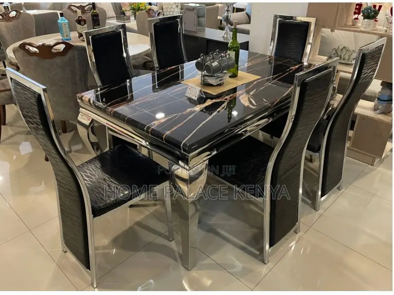 Dining Set: Marble Top Dining Table With Black Pu Leather Chairs