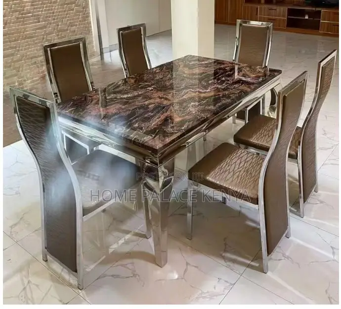 Dining Set: Marble Top Dining Table With Black Pu Leather Chairs
