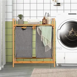 Bamboo Twin Partition Laundry Organizer With Storage Shelf