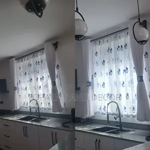 Beautiful White With Blue Flowers Kitchen Curtains