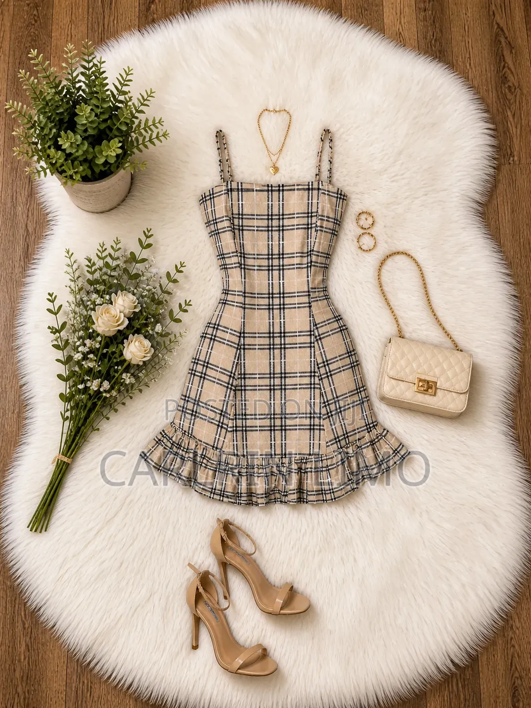 Cream Plaid Fitted Mini Dress