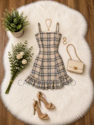 Cream Plaid Fitted Mini Dress