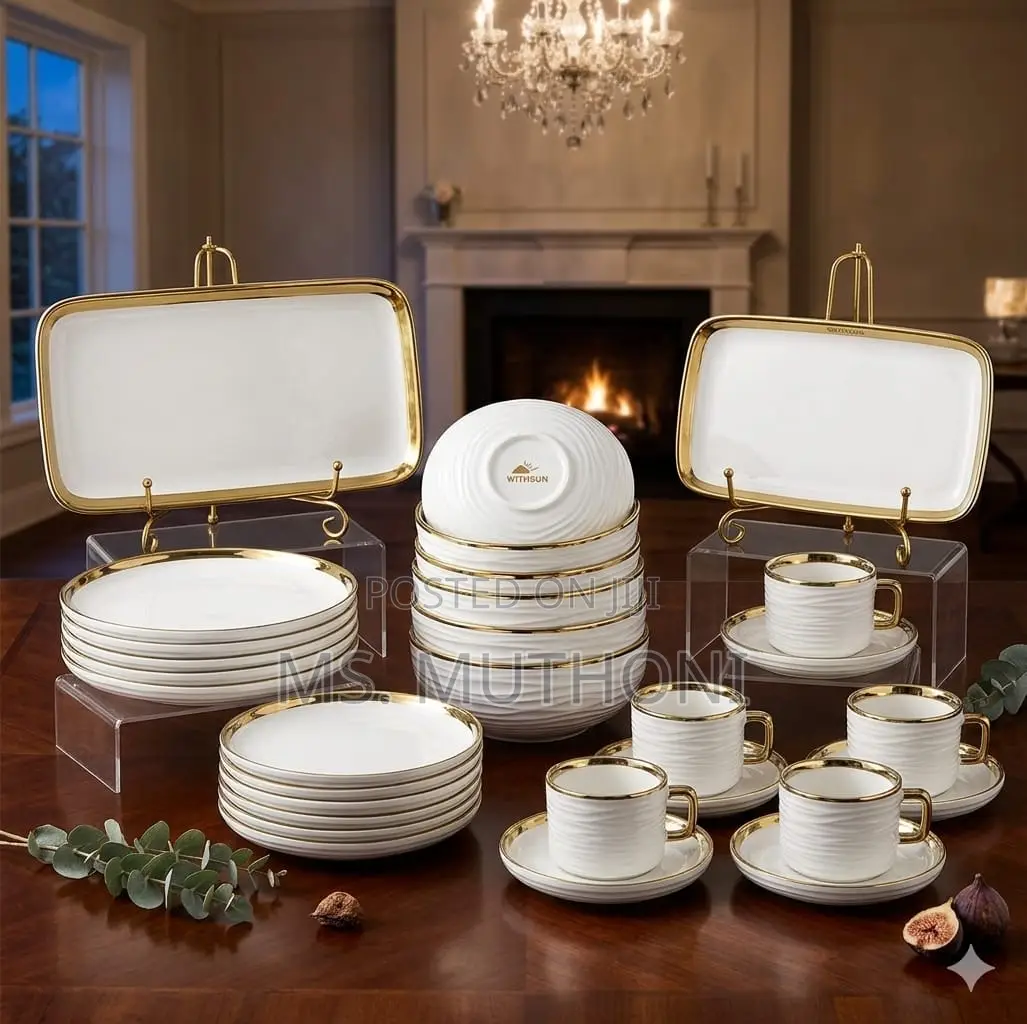 32-Piece White Porcelain Dinner Set Ft a Ribbed Texture Gold Accents
