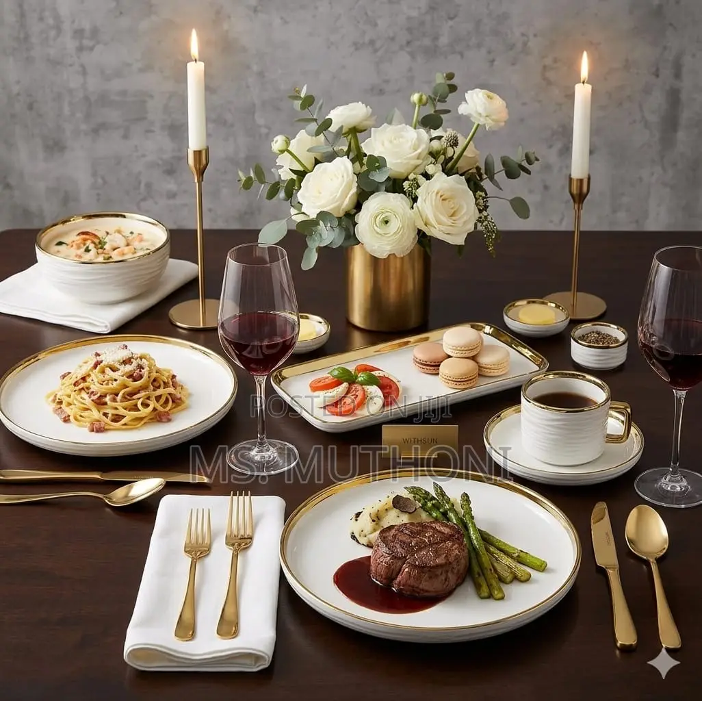 32-Piece White Porcelain Dinner Set Ft a Ribbed Texture Gold Accents