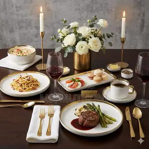 32-Piece White Porcelain Dinner Set Ft a Ribbed Texture Gold Accents