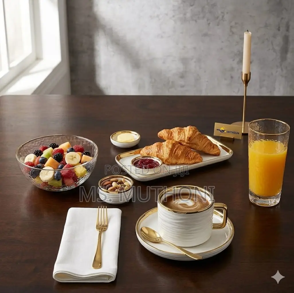 32-Piece White Porcelain Dinner Set Ft a Ribbed Texture Gold Accents