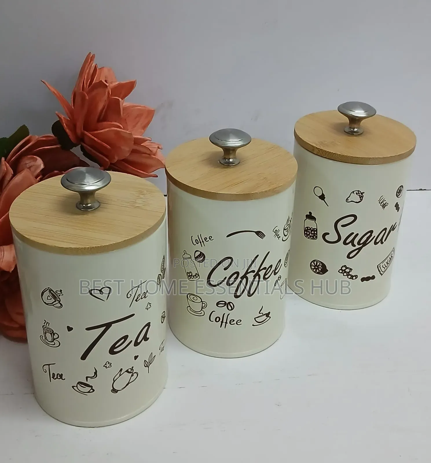 3pc Airtight Sugar, Tea, Coffee Canisters