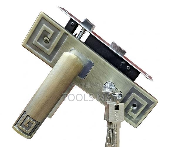 GJS Antique Brass Flush Door Lock Set - Heavy Duty Wooden Door Handle - main view