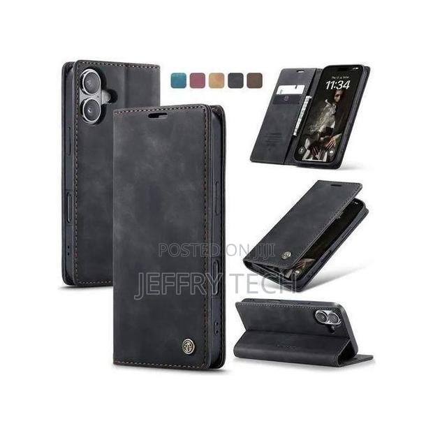 iPhone 16 Wallet Case - Black Suede Leather Flip With Kickstand