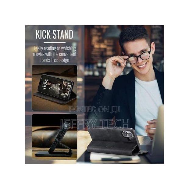 iPhone 16 Wallet Case - Black Suede Leather Flip With Kickstand - thumbnail 2