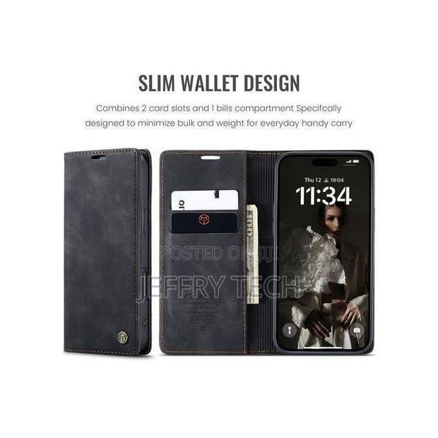 iPhone 16 Wallet Case - Black Suede Leather Flip With Kickstand - thumbnail 3