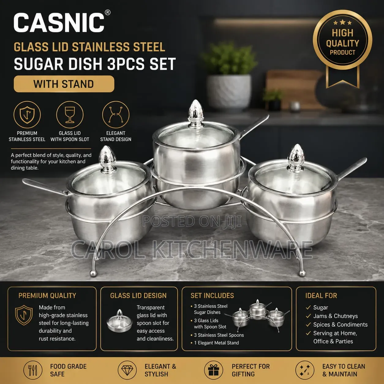 Steel Sugar Dish Set With Stand