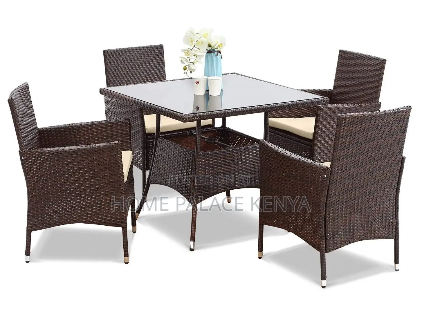 Outdoor Set: 4 Seater All Weather Rattan Dining Table Set