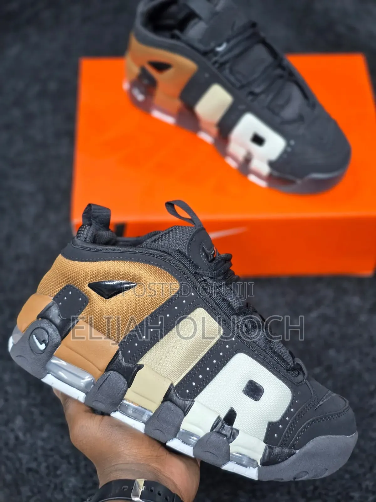 Nike Air More Uptempo Low Sneakers in a Black and Gum Medium Brown