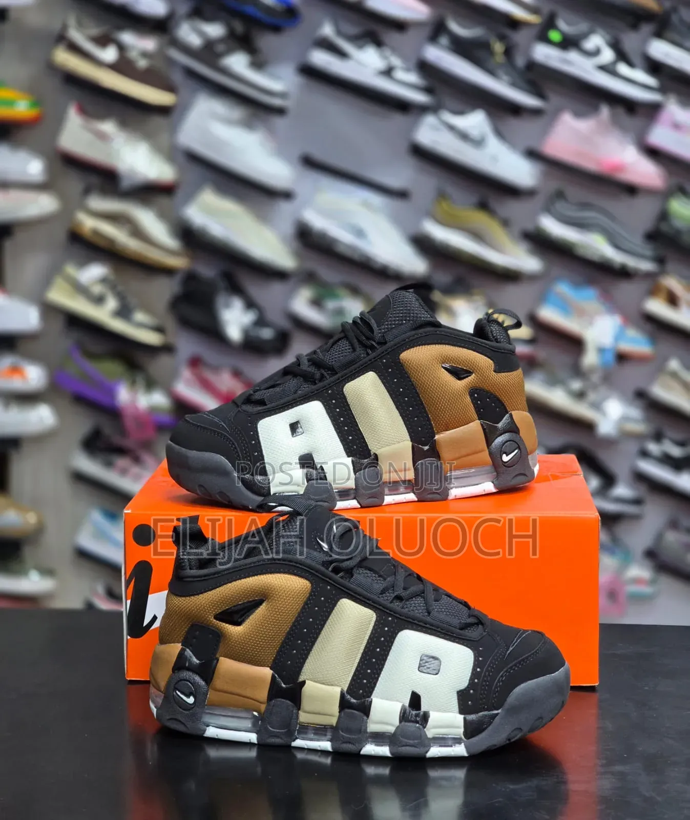Nike Air More Uptempo Low Sneakers in a Black and Gum Medium Brown
