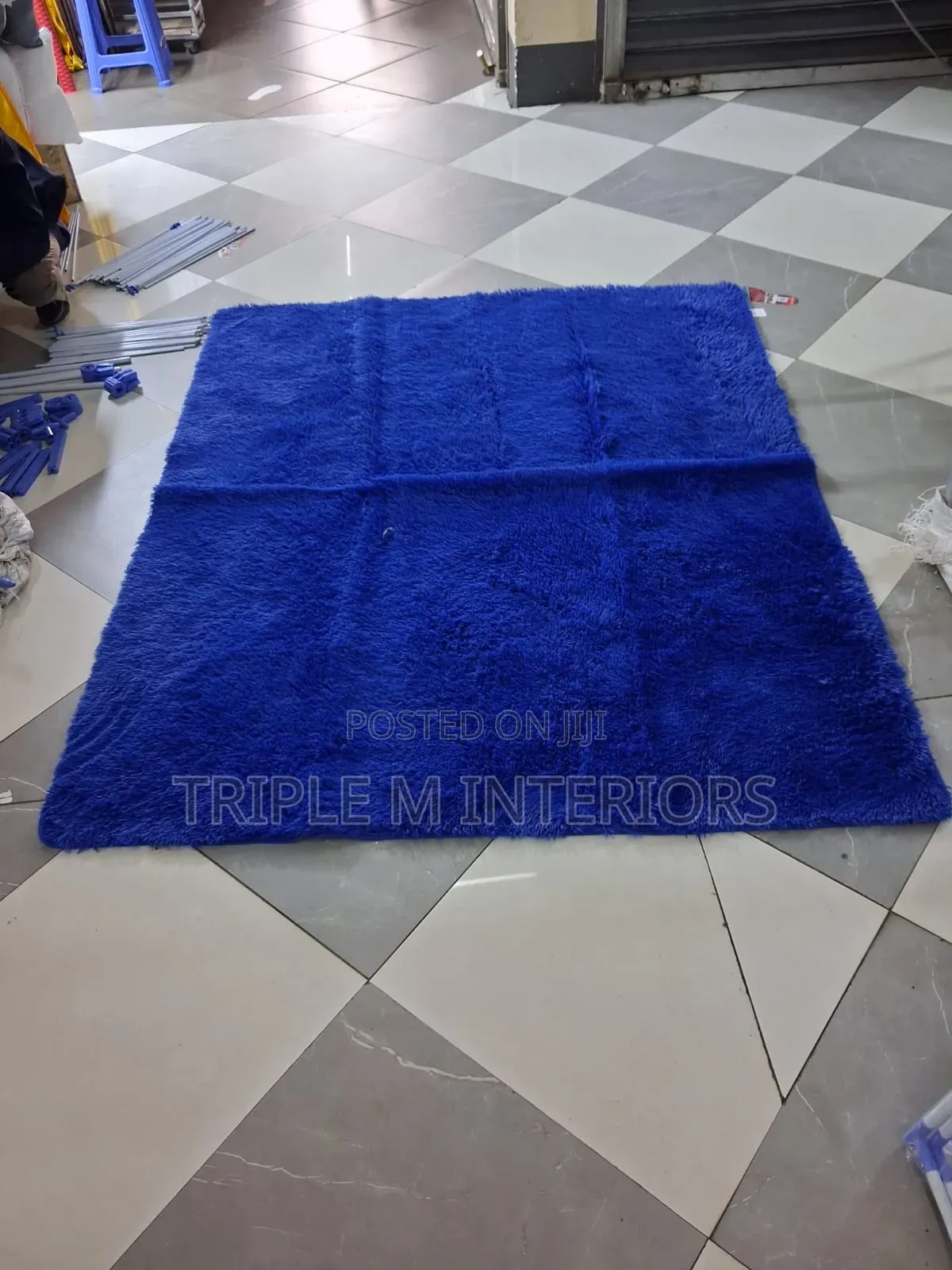 Blue Plain Fluffy Home Rug