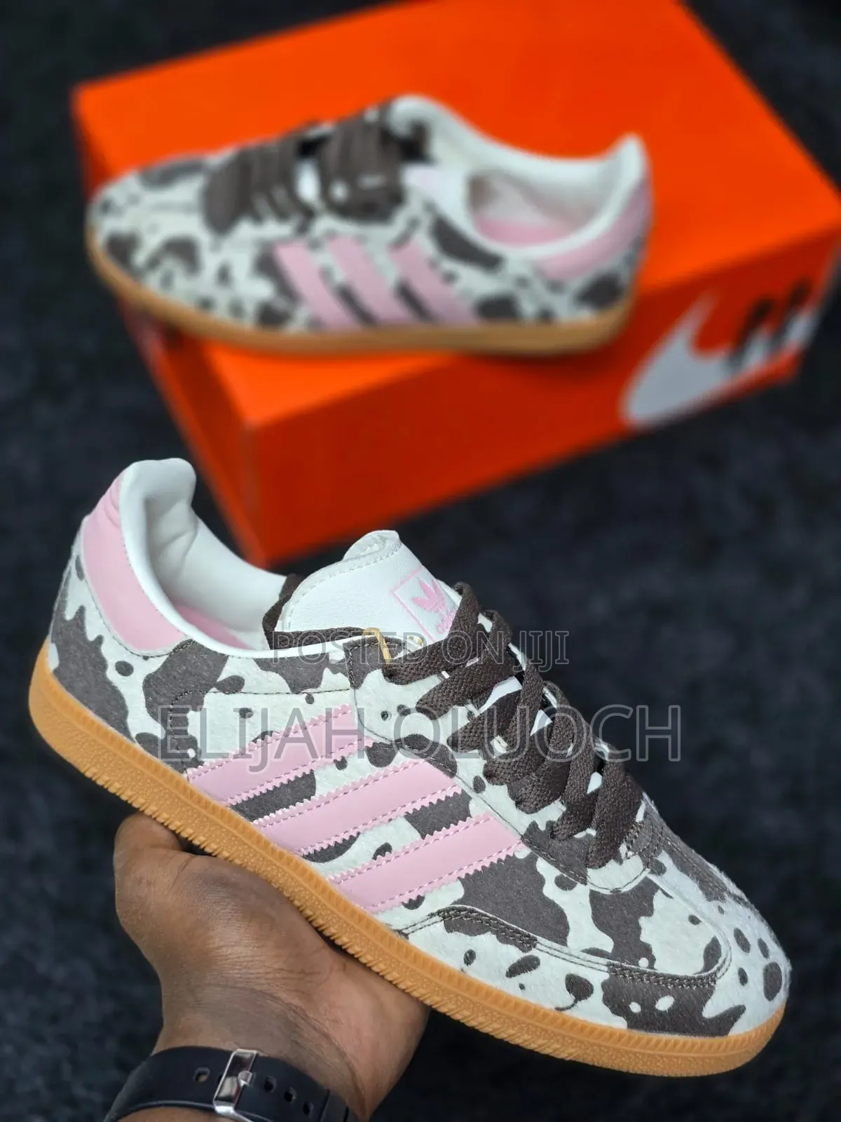 Adidas Samba Og Cow Print Sneakers in Dark Brown, White, and Pink.