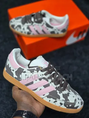 Adidas Samba Og Cow Print Sneakers in Dark Brown, White, and Pink.