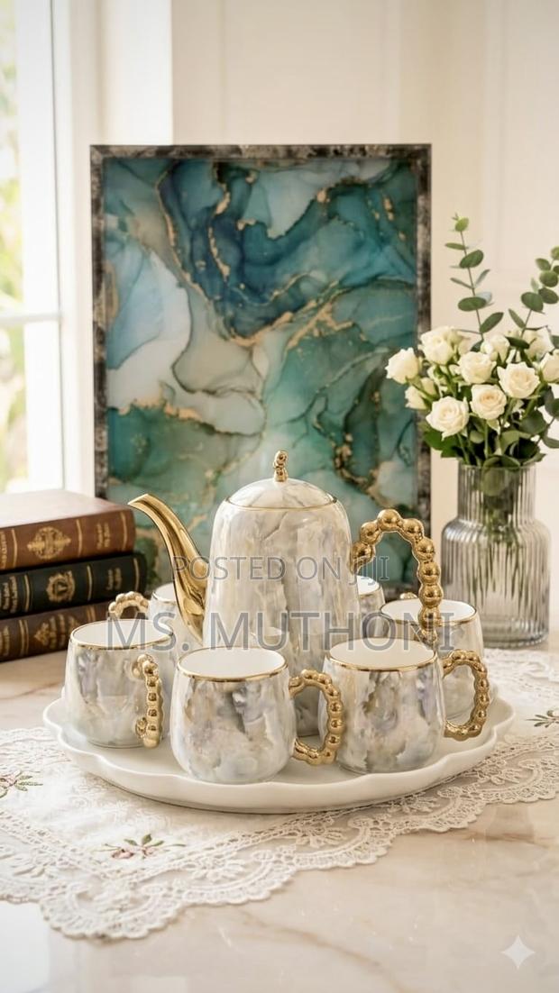 Luxury Marble-Pattern Ceramic Tea Set With Gold Accents