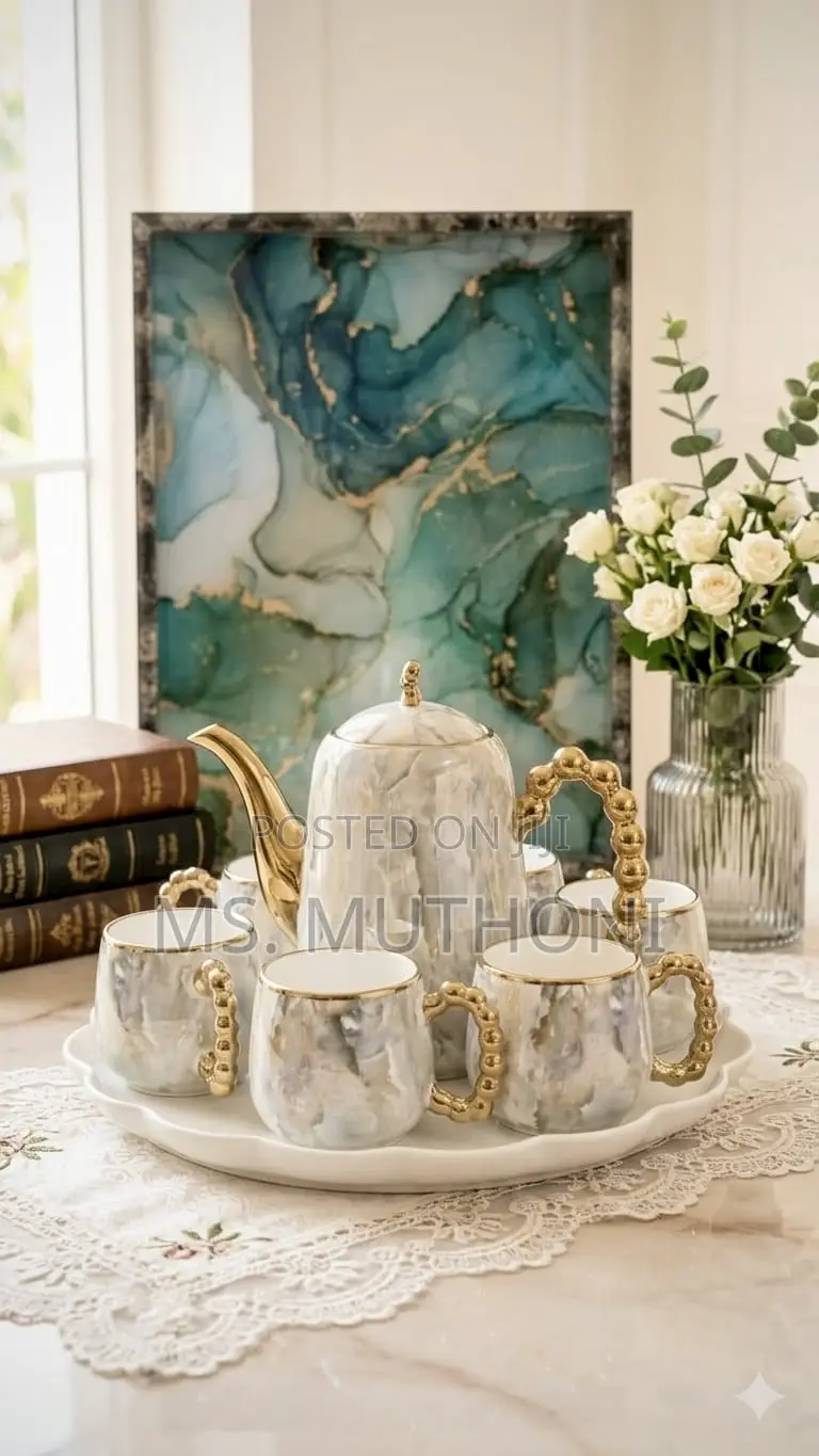 Luxury Marble-Pattern Ceramic Tea Set With Gold Accents