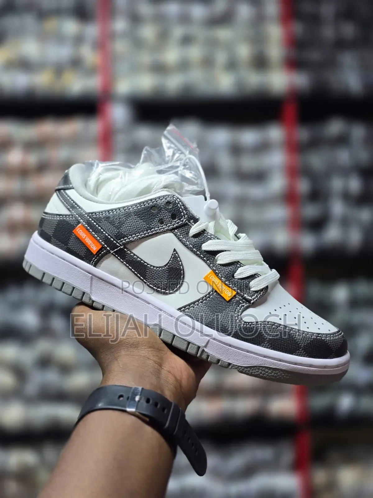 Nike Dunk Low Louis Vuitton Grey and Black Monogram Pattern.
