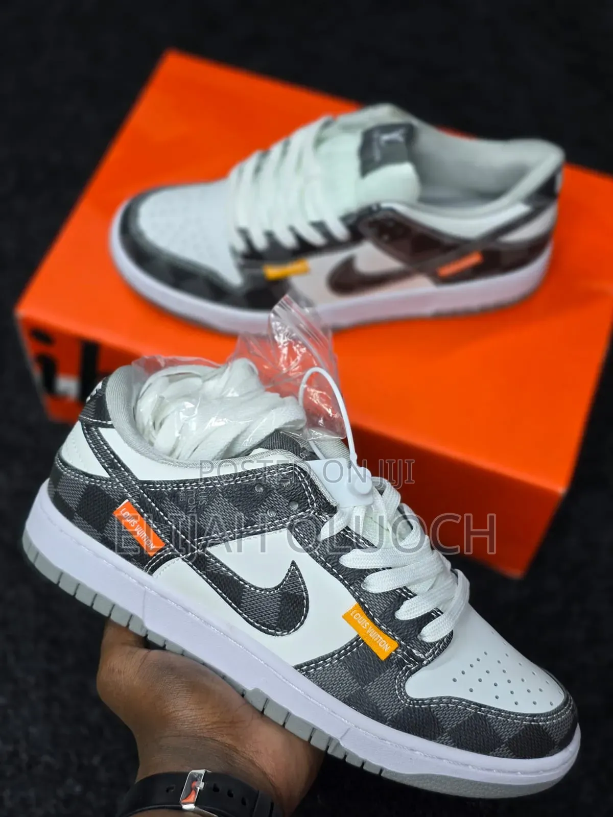 Nike Dunk Low Louis Vuitton Grey and Black Monogram Pattern.
