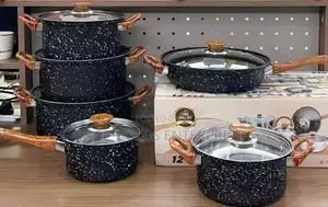 12 Pieces (Non-Stick Pan) Stainless Cooking Pots (With Wooden Handles)