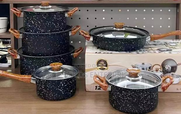 12 Pieces (Non-Stick Pan) Stainless Cooking Pots (With Wooden Handles)