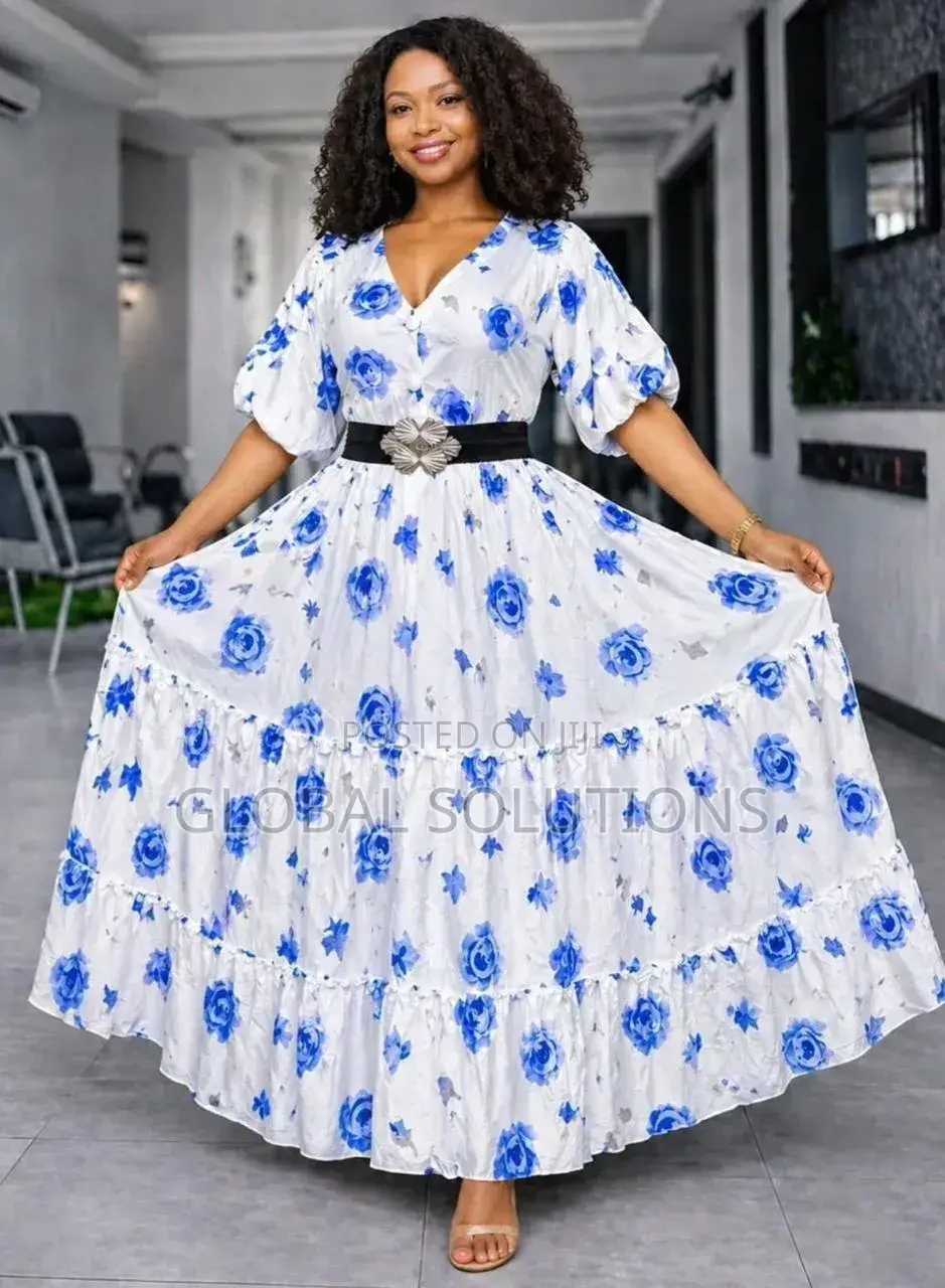 Chiffon Maxi Dress in a White Floral Print With Blue Roses