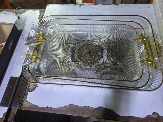 3pc Rectangular Clear Acrylic Serving Trays With Decorative Gold Handl
