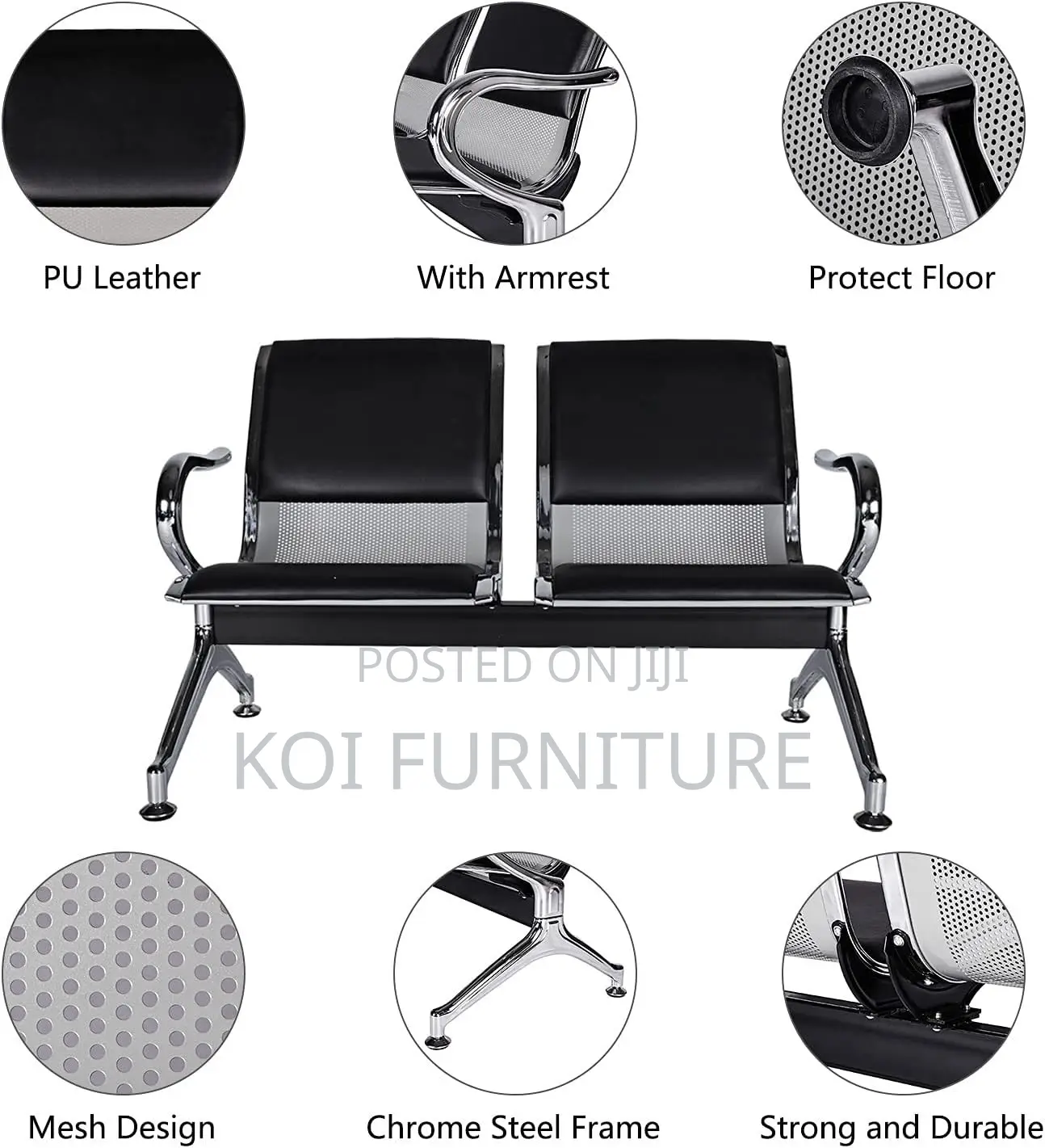 Office Benches; Heavy-Duty 2-Seater Padded Office Waiting Bench