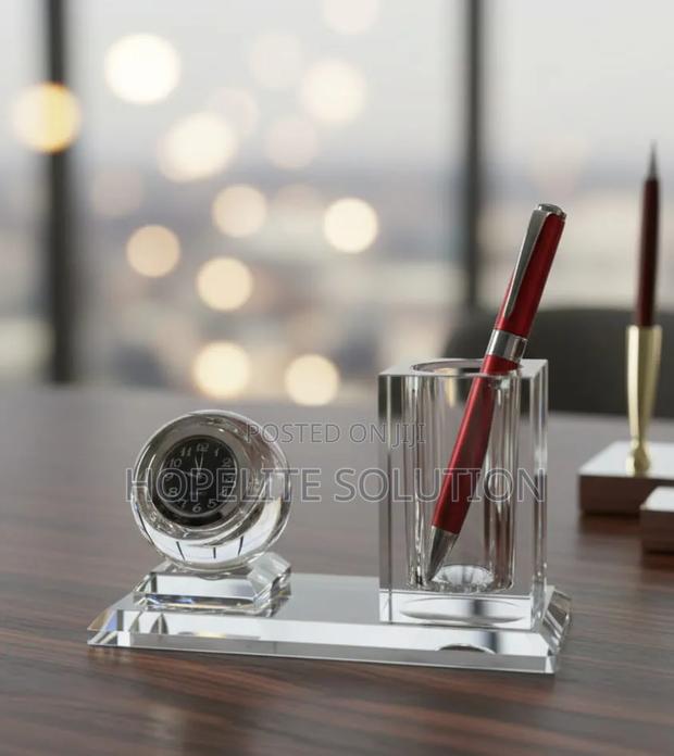 Crystal Glass Desktop Clock and Pen Holder