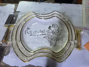 Acrylic 3pc Floral Print,Gold Finish Trim Serving Tray