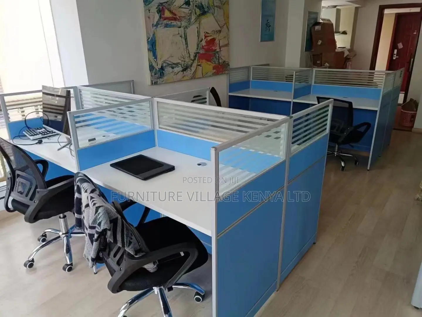 Modern 4-Seater Modular Blue Office Workstation