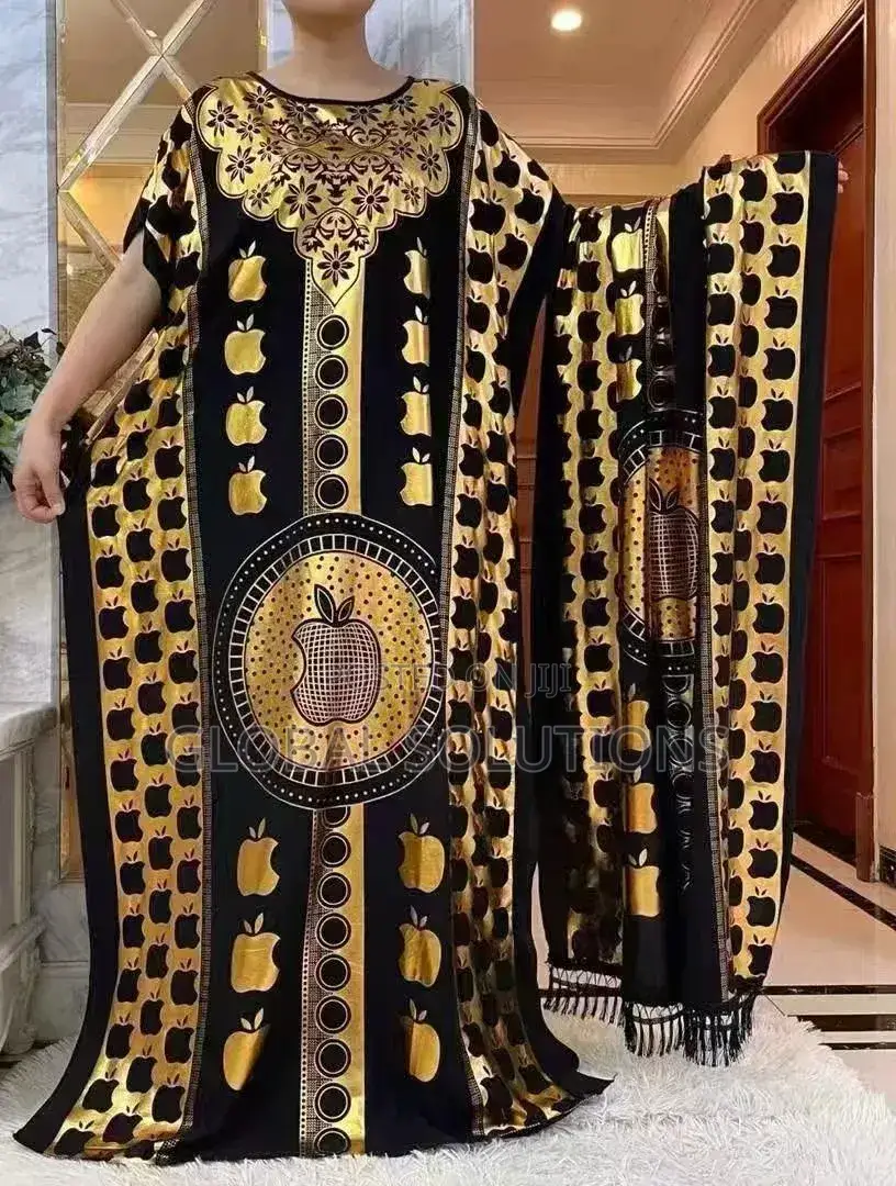 Black and Gold Printed Dera Kaftan Dress With a Matching Scarf