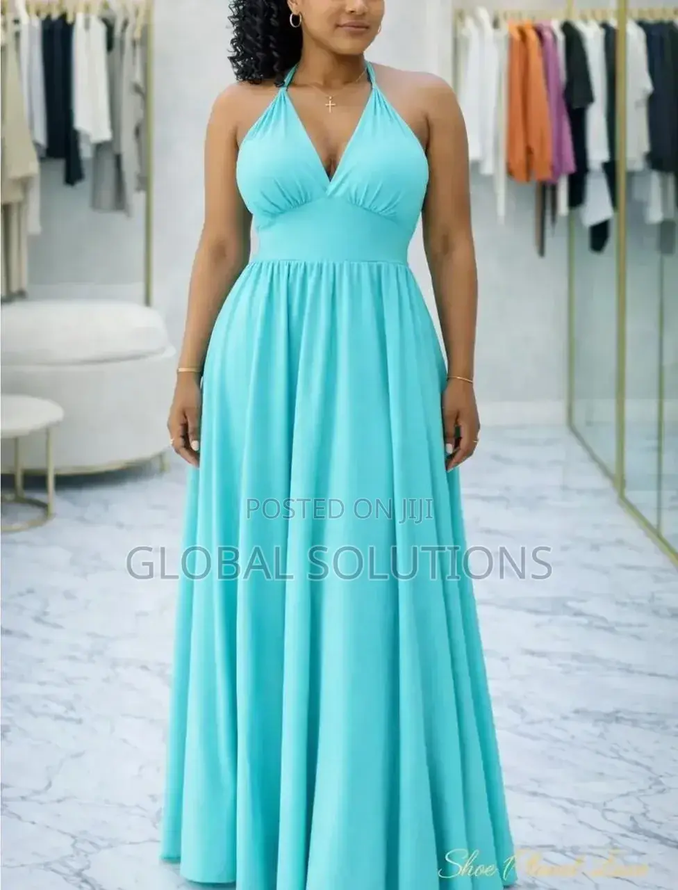 Cyan Chiffon a-Line Halter Bridesmaid Dress