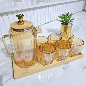 8pc Stripped Gold Amber Glass Water Set