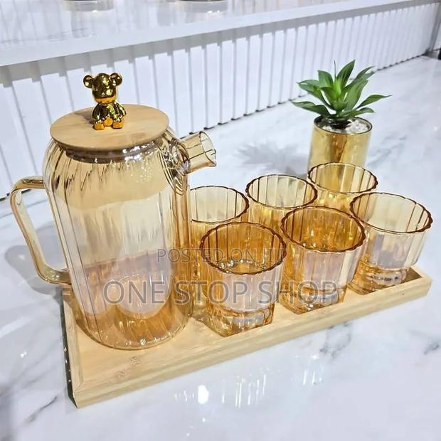 8pc Stripped Gold Amber Glass Water Set