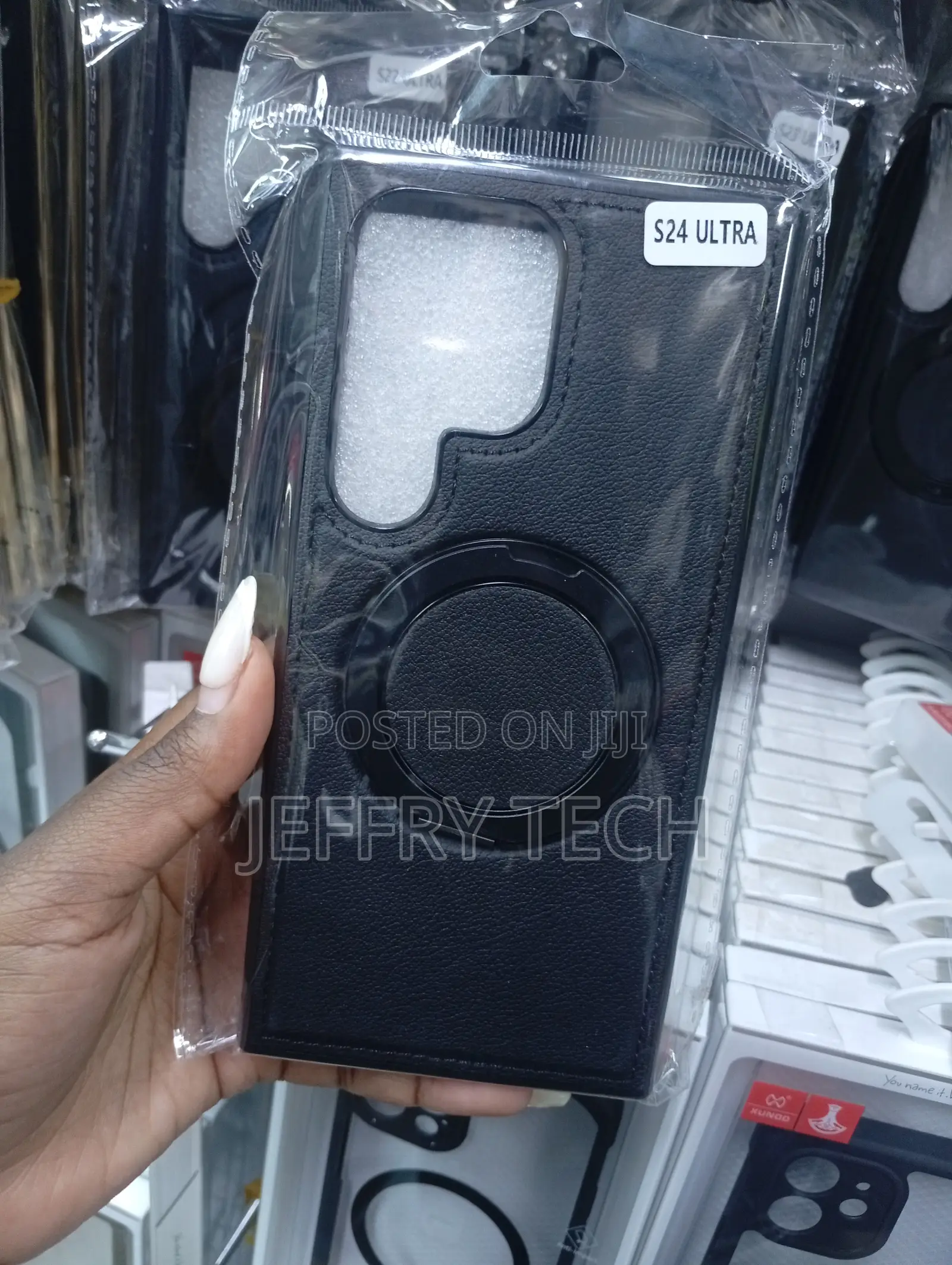 Black Leather Phone Case Designed for the Samsung Galaxy S24 Ultra.