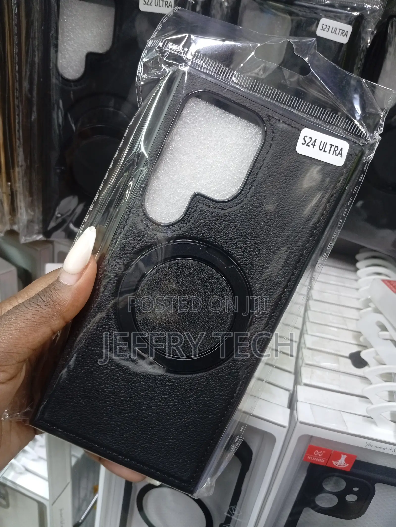 Black Leather Phone Case Designed for the Samsung Galaxy S24 Ultra.