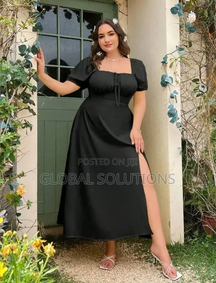 Plus Size Solid Scoop Neck Puff Sleeve Split Thigh Midi Dress