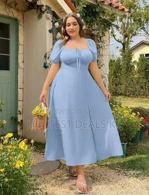 Plus Size Solid Scoop Neck Puff Sleeve Split Thigh Midi Dress