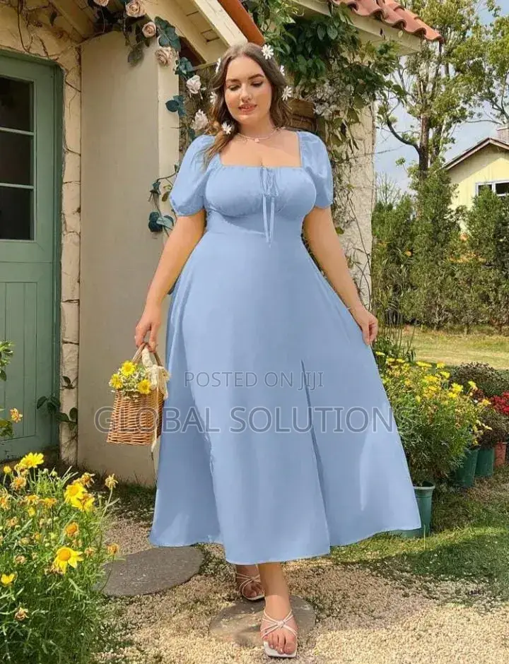 Plus Size Solid Scoop Neck Puff Sleeve Split Thigh Midi Dress