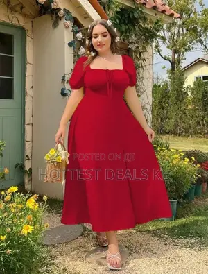Plus Size Solid Scoop Neck Puff Sleeve Split Thigh Midi Dress