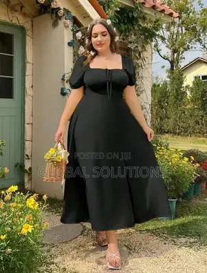 Plus Size Solid Scoop Neck Puff Sleeve Split Thigh Midi Dress
